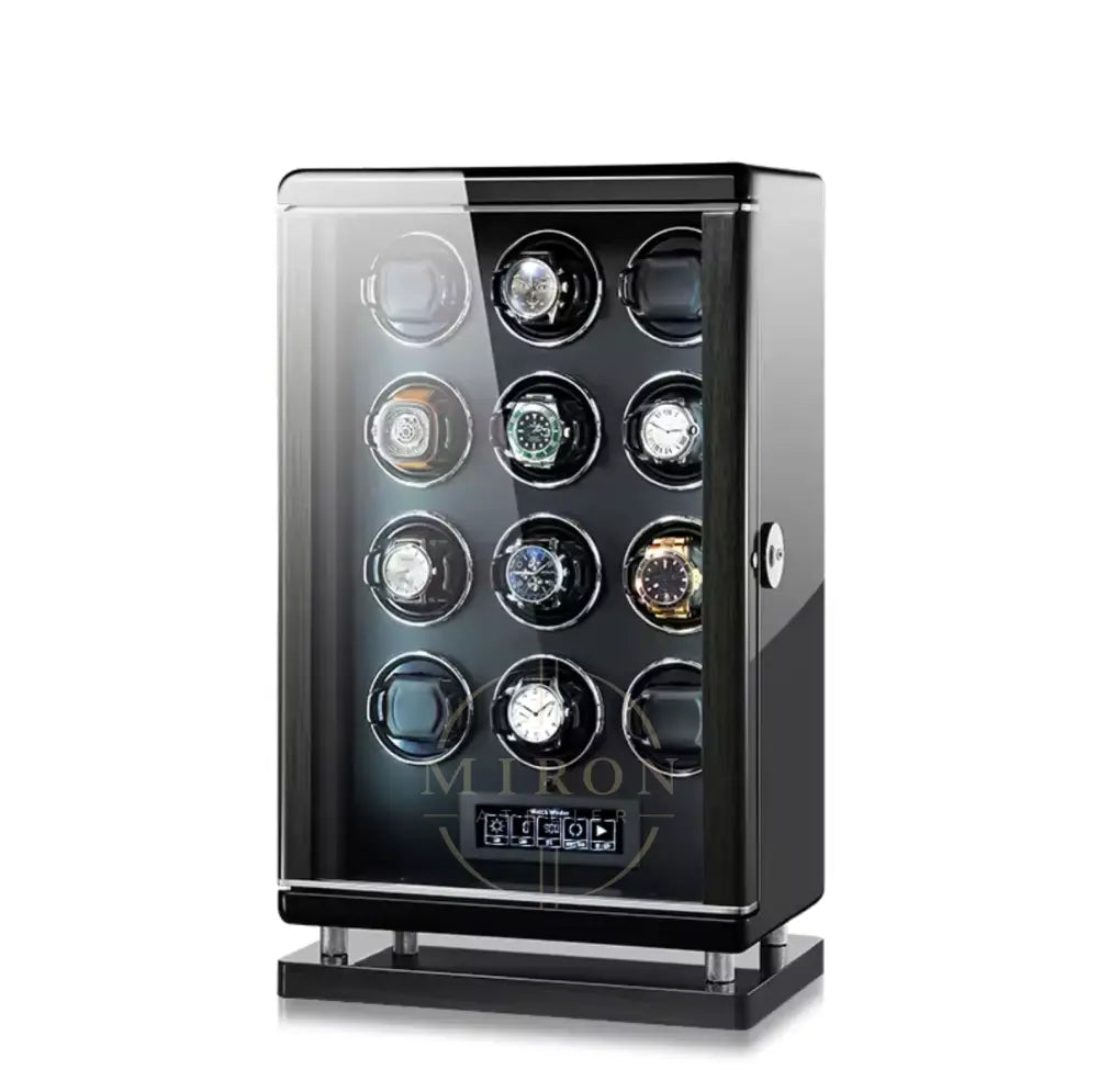 Luxury Black and wooden watch winder with twelve watch faces on a white background, featuring the brand 'Miron Atelier'.