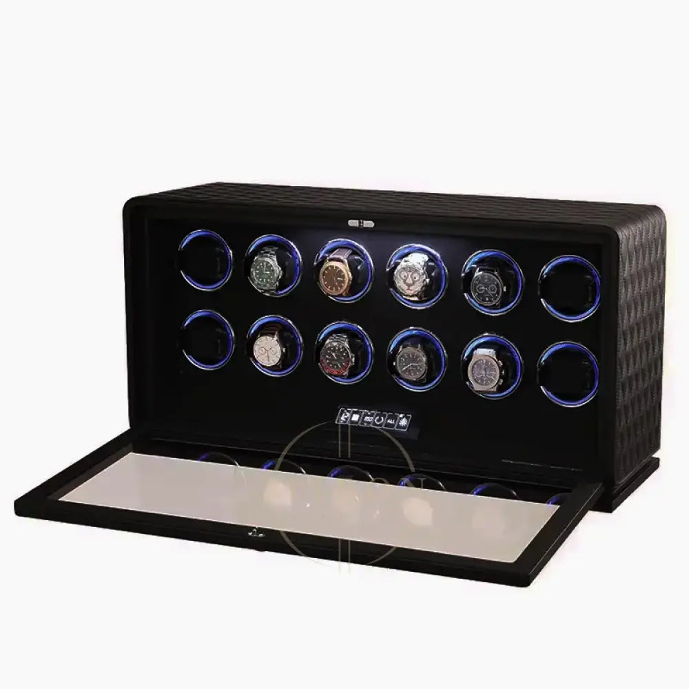 Black watch winder with multiple watch faces on a white background