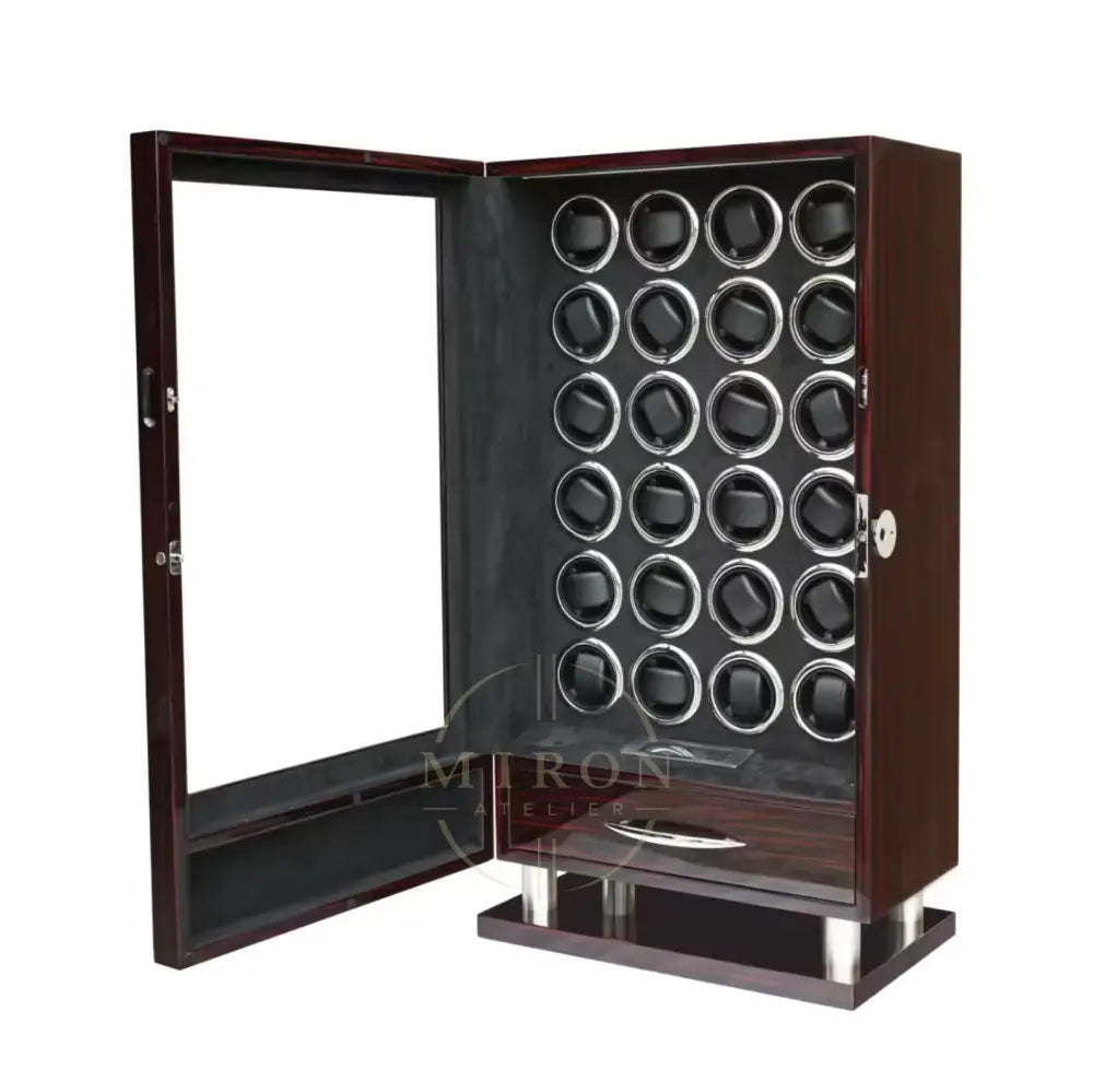 Wooden watch winder with 24 compartments on a white background