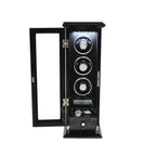 wooden black watch winder case with three watches inside on a white background