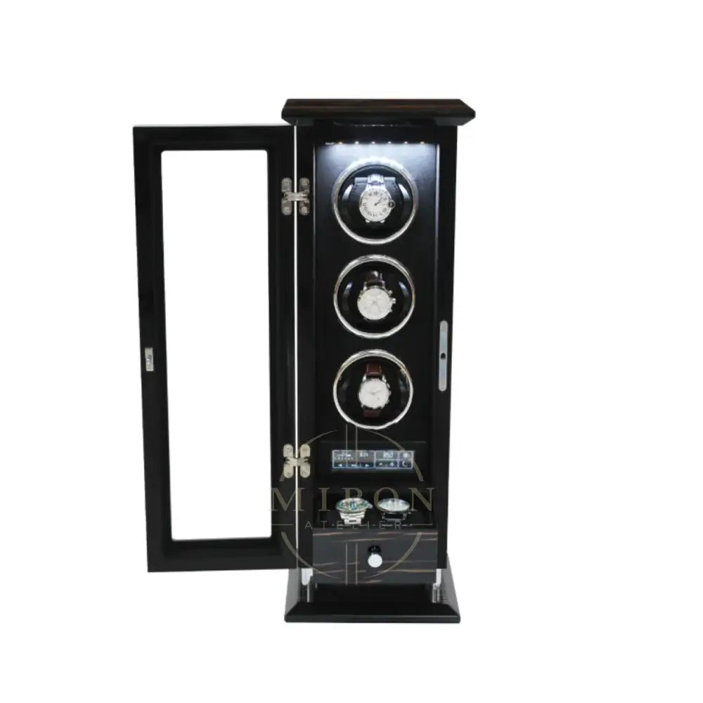wooden black watch winder case with three watches inside on a white background
