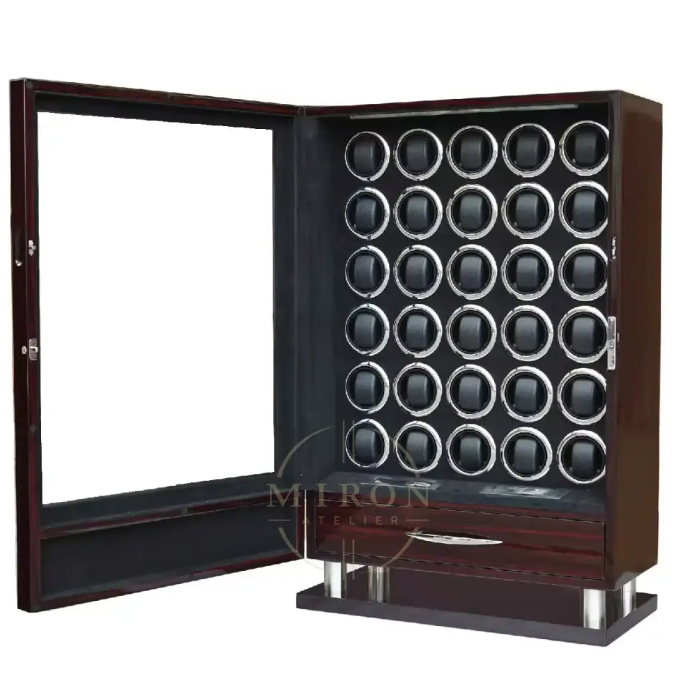 Wooden watch winder case with 30 rotating watch positions on a white background
