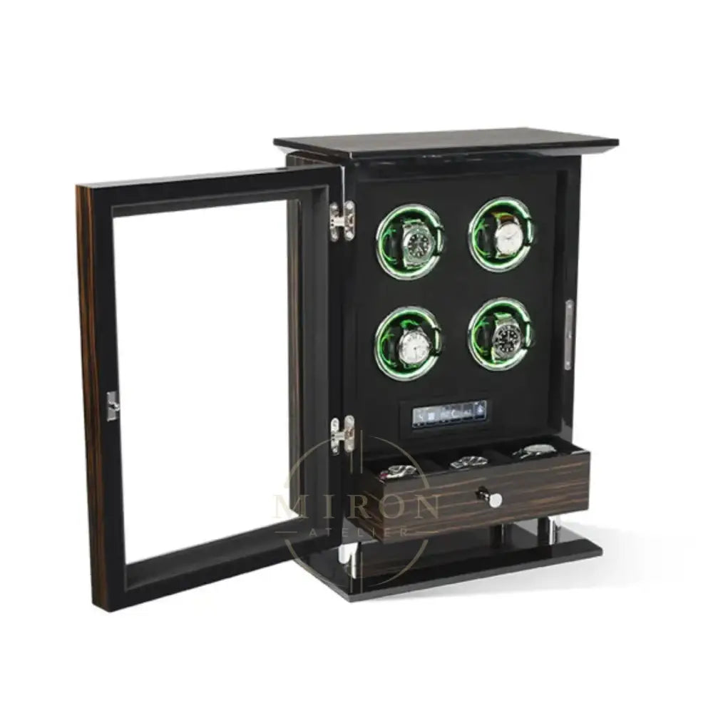 Watch winder display case with four luxury watches on a white background