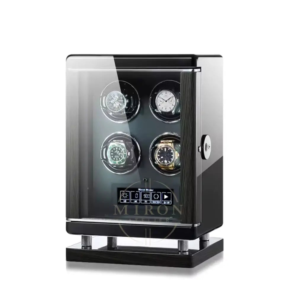 Watch winder with four rotating watches on a white background, featuring the brand 'Miron Atelier'.