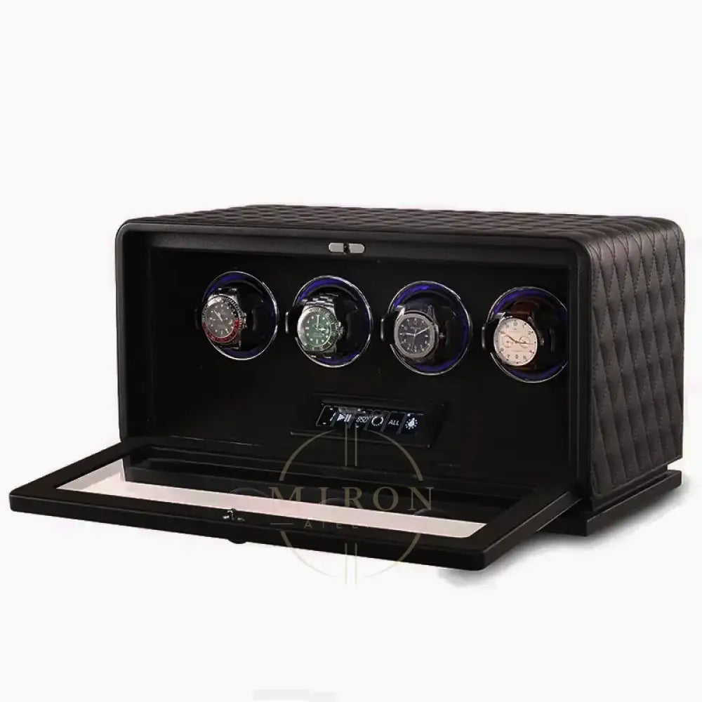 Black watch winder with four rotating watches on a white background