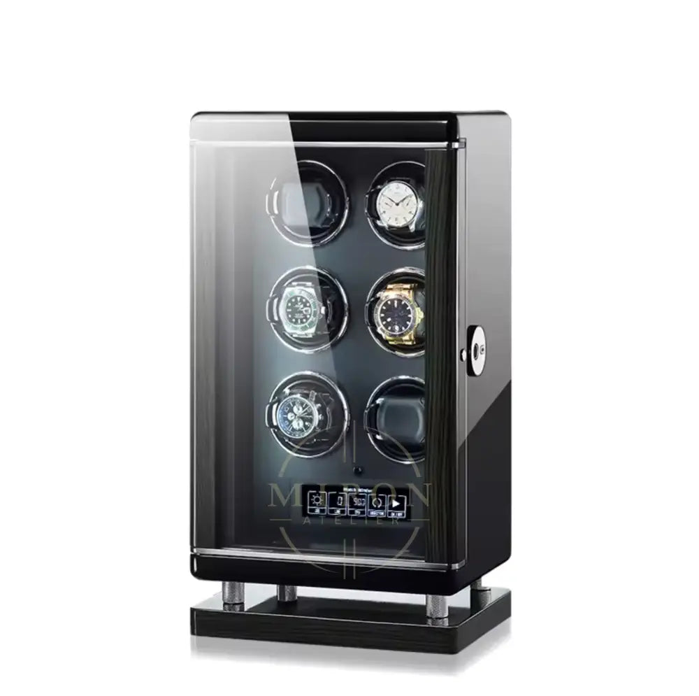 Watch winder with six luxury watches faces on a white background, featuring the brand 'Miron Atelier'.