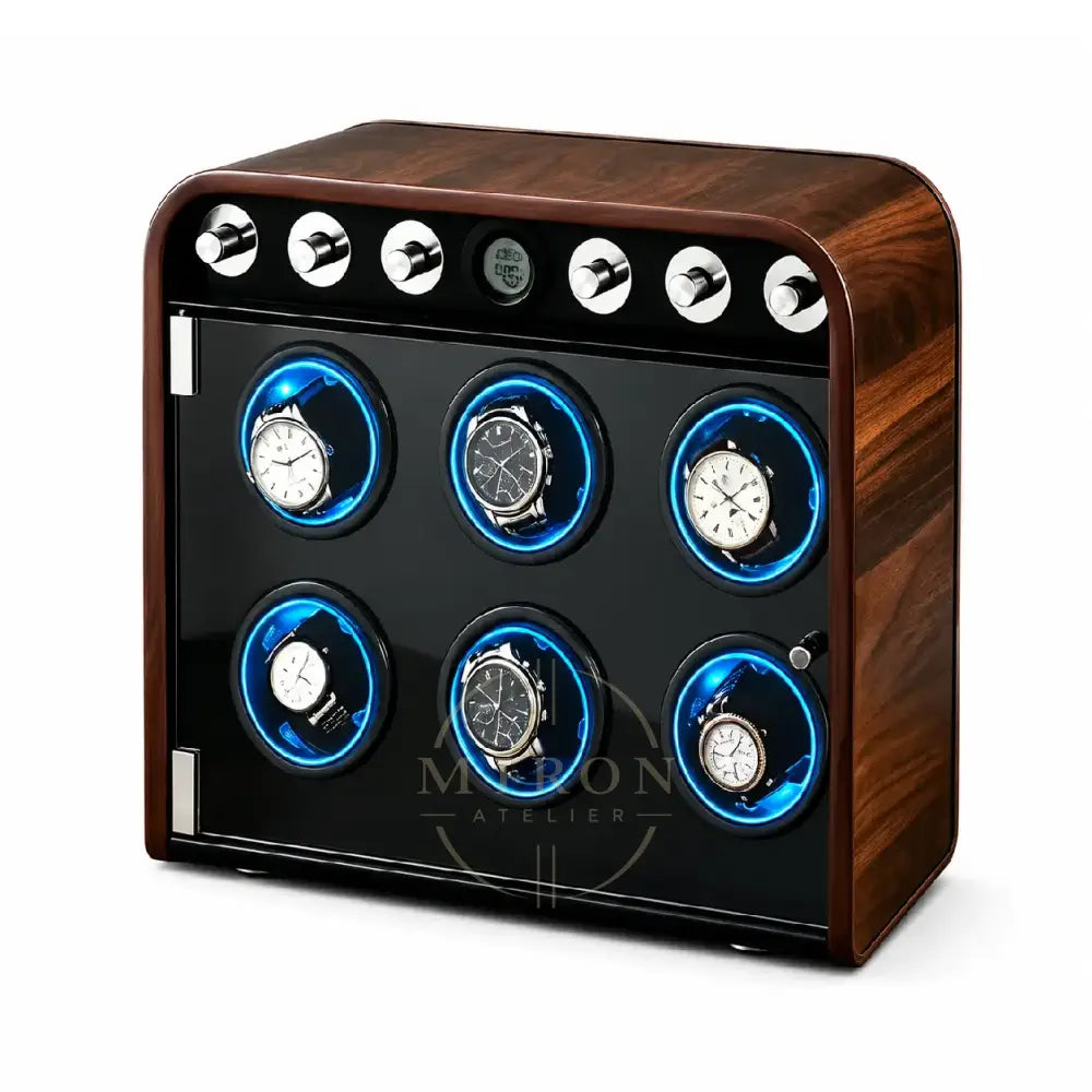 Wooden watch winder with six watches on a white background