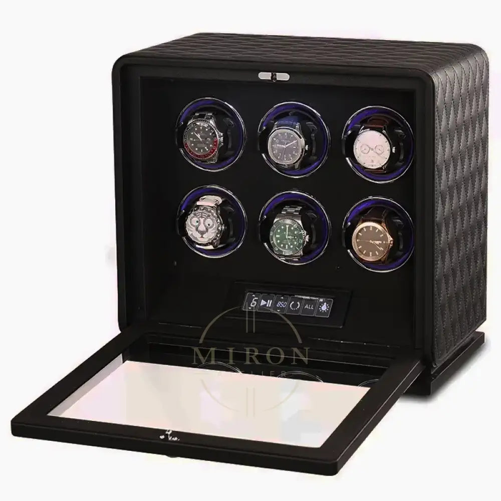 Black watch winder with six rotating watches on a white background