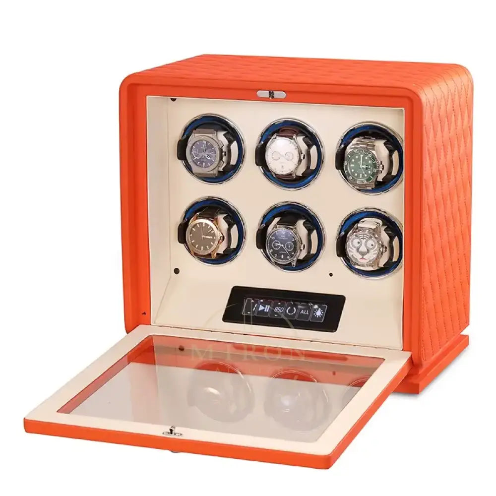 Orange watch winder with six watches inside on a white background