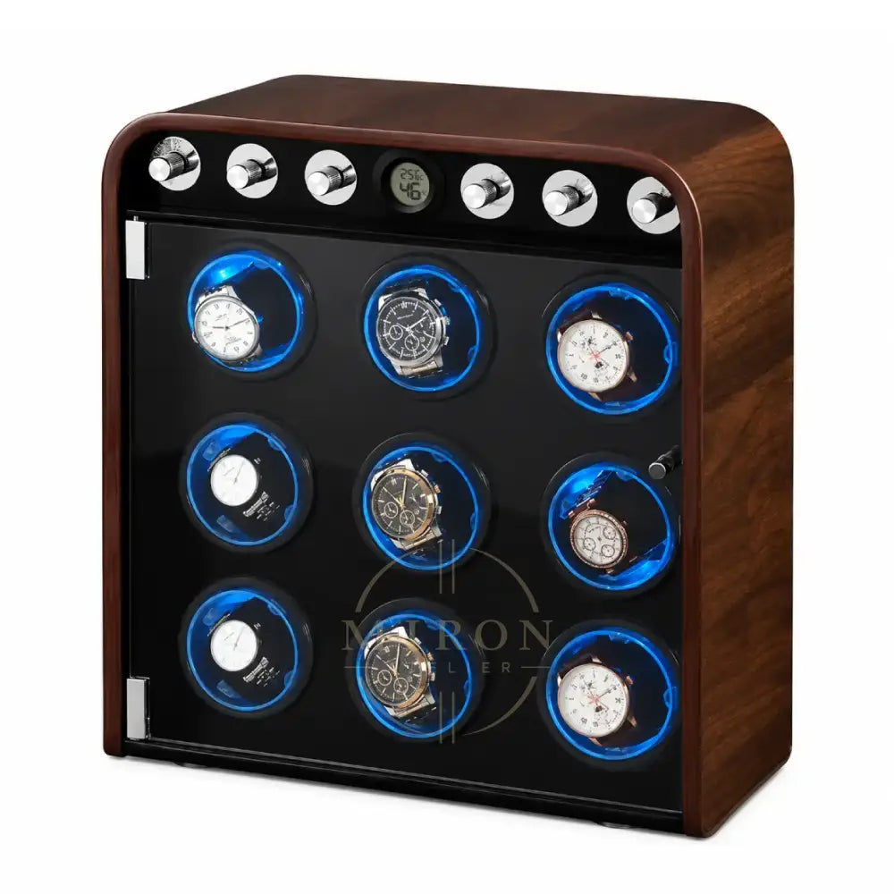 Wooden Watch winder with 9 luxury watches inside on a white background