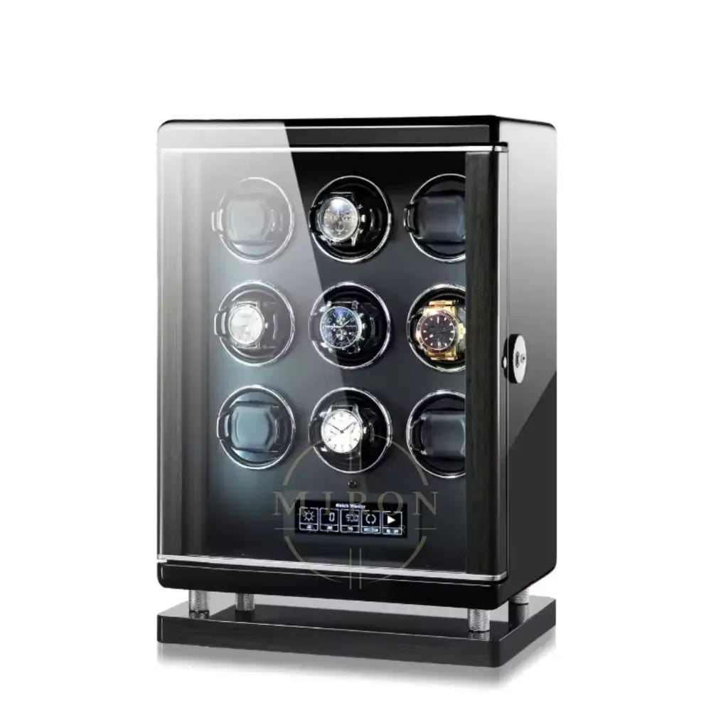 Black intelligent watch winder with 9 rotating watches on a white background, featuring the brand 'Miron Atelier'.
