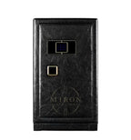 Black leather watch winder safe with gold accents on a white background