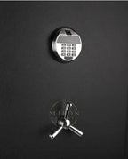 Black safe with digital keypad and traditional lock on a black background