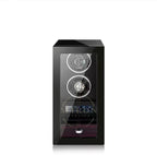 Watch winder with two watches inside on a white background, branded 'Miron Atelier'.