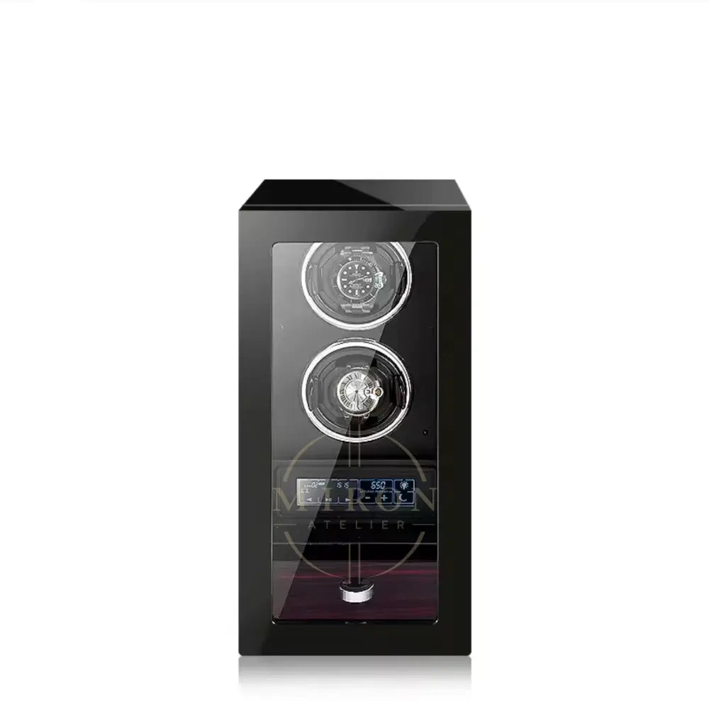 Watch winder with two watches inside on a white background, branded 'Miron Atelier'.