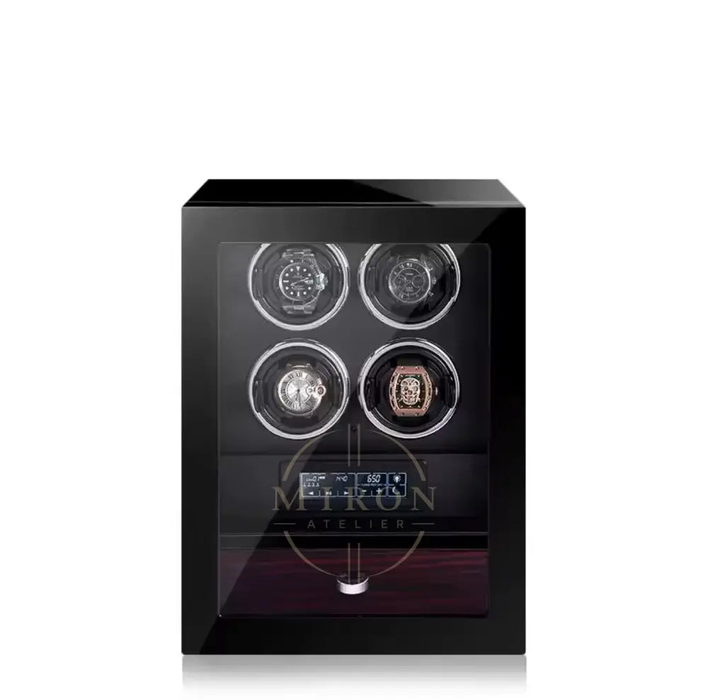 Black watch winder with four rotating watches on a white background, featuring the Miron Atelier brand.