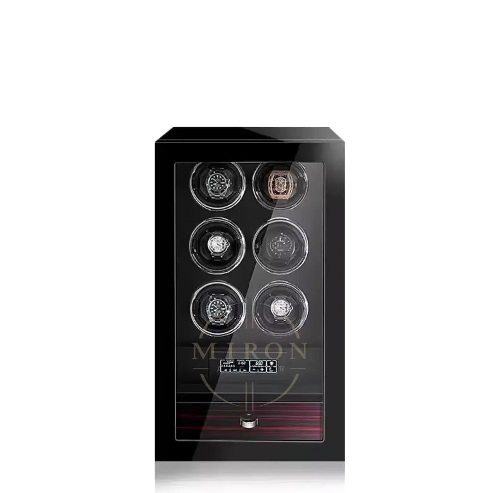 Black watch winder with six compartments on a white background, featuring the Miron Atelier brand.