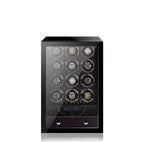 Black watch winder with multiple watch faces on a white background, featuring the Miron Atelier brand.