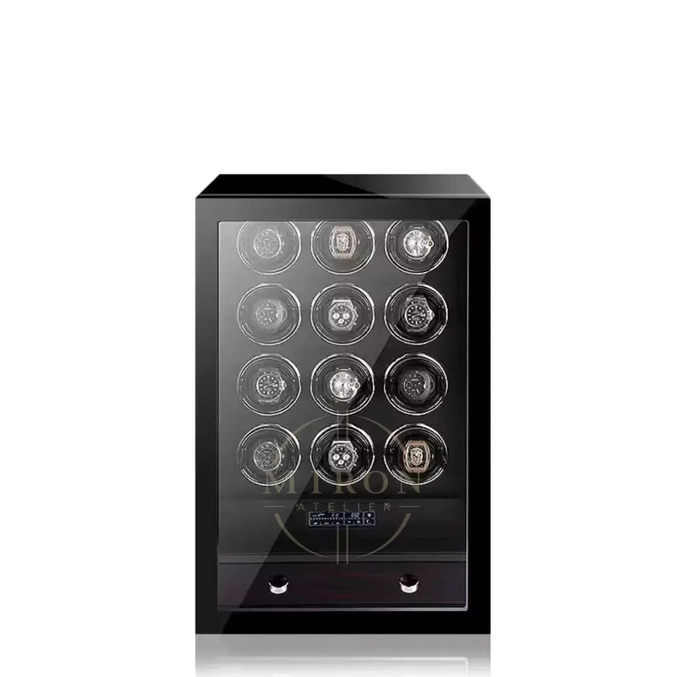 Black watch winder with multiple watch faces on a white background, featuring the Miron Atelier brand.