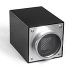 Black and silver cylindrical device with carbon fiber texture on a white background