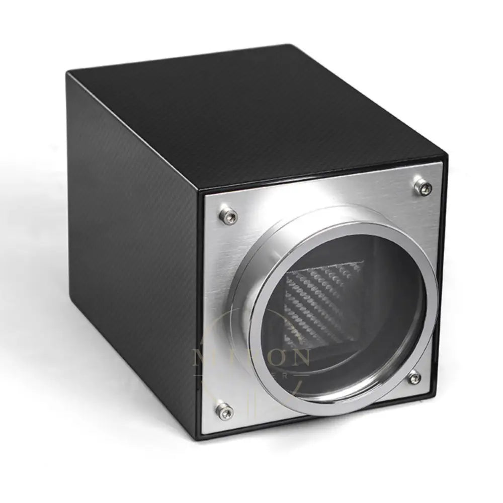 Black and silver cylindrical device with carbon fiber texture on a white background