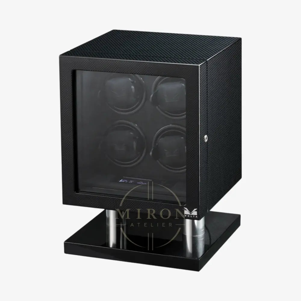 Black watch winder, cubic form with four watches on a white background