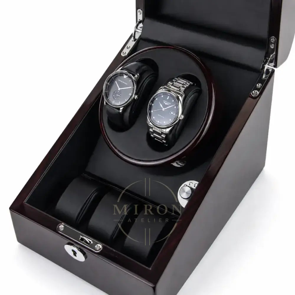 Wooden watch winder with two watches and 3 storage compartments inside