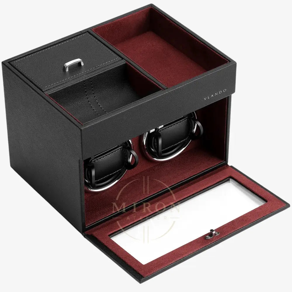 Black and red watch winder box with double watches