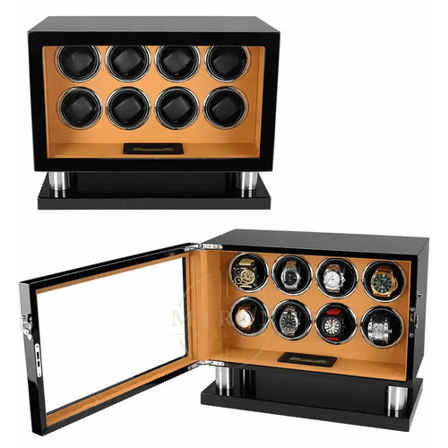 Watch winder with eight watch compartments on a white background