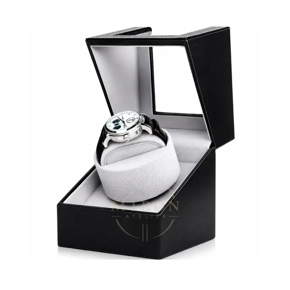 Silver Luxury Watch in a black and white Watch Winder box on a white background