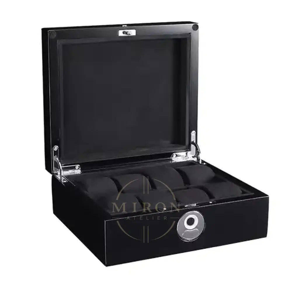 Black watch box with glass lid on a white background