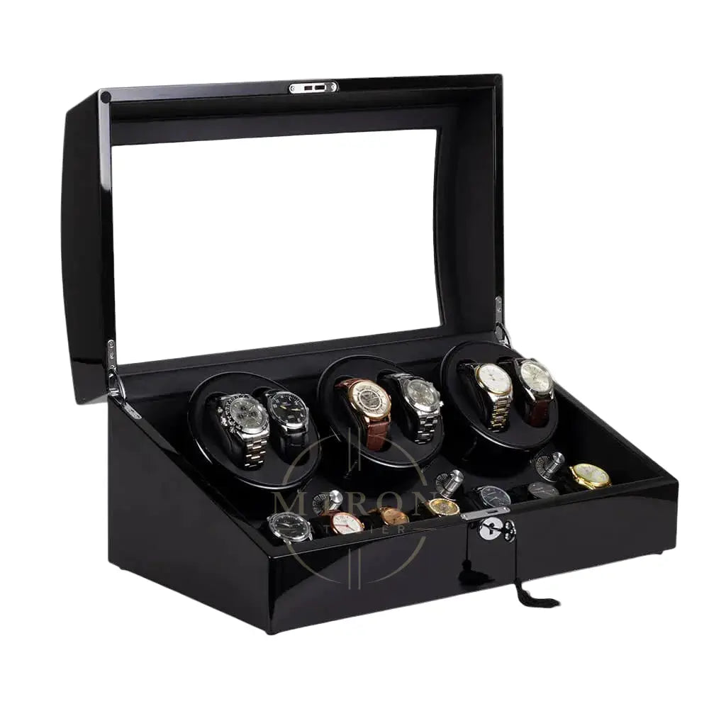 Black watch display case with multiple watches inside on a white background