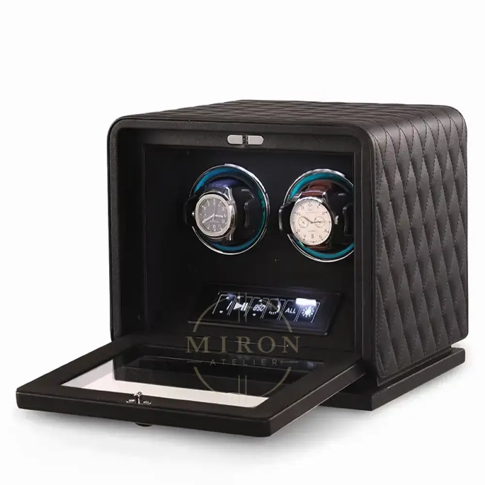 Wristwatch winder with quilted design on a white background