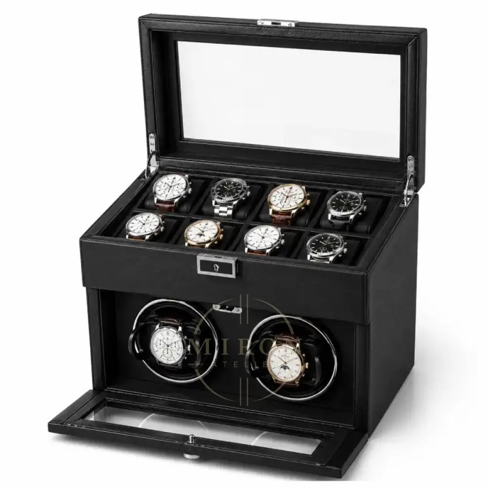 Black watch winder with six watches on a white background