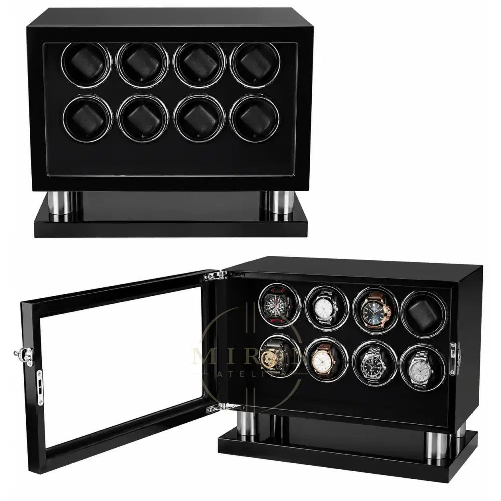 Black watch winder with multiple watch cases on a white background