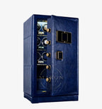 Blue safe vault watch winder with gold accents on a white background
