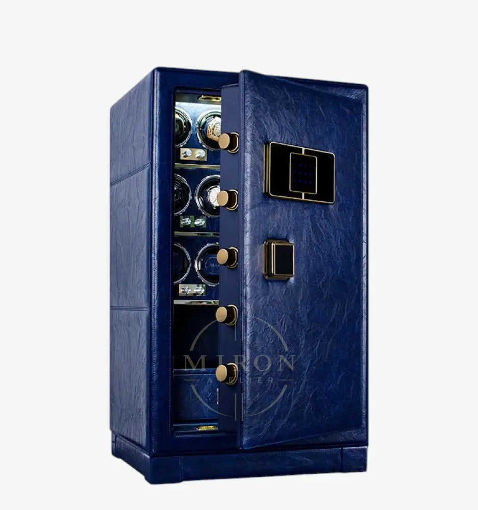 Blue safe vault watch winder with gold accents on a white background