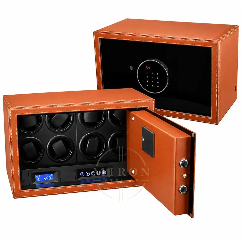 Brown leather watch winder with digital display on a white background