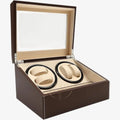 Brown leather watch winder box with two compartments on a white background