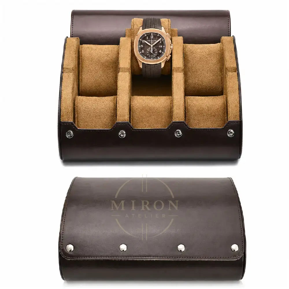 A dark brown leather watch roll case shown open and closed on a white background. The open case has tan felt compartments and holds a Patek Philippe luxury watch, while the lower closed view shows the exterior with silver-tone rivets.