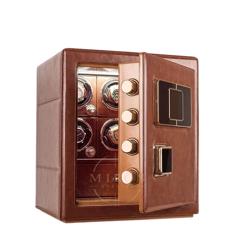 Brown leather watch safe with open door on a white background