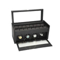 Black watch winder with four rotating watches on a white background