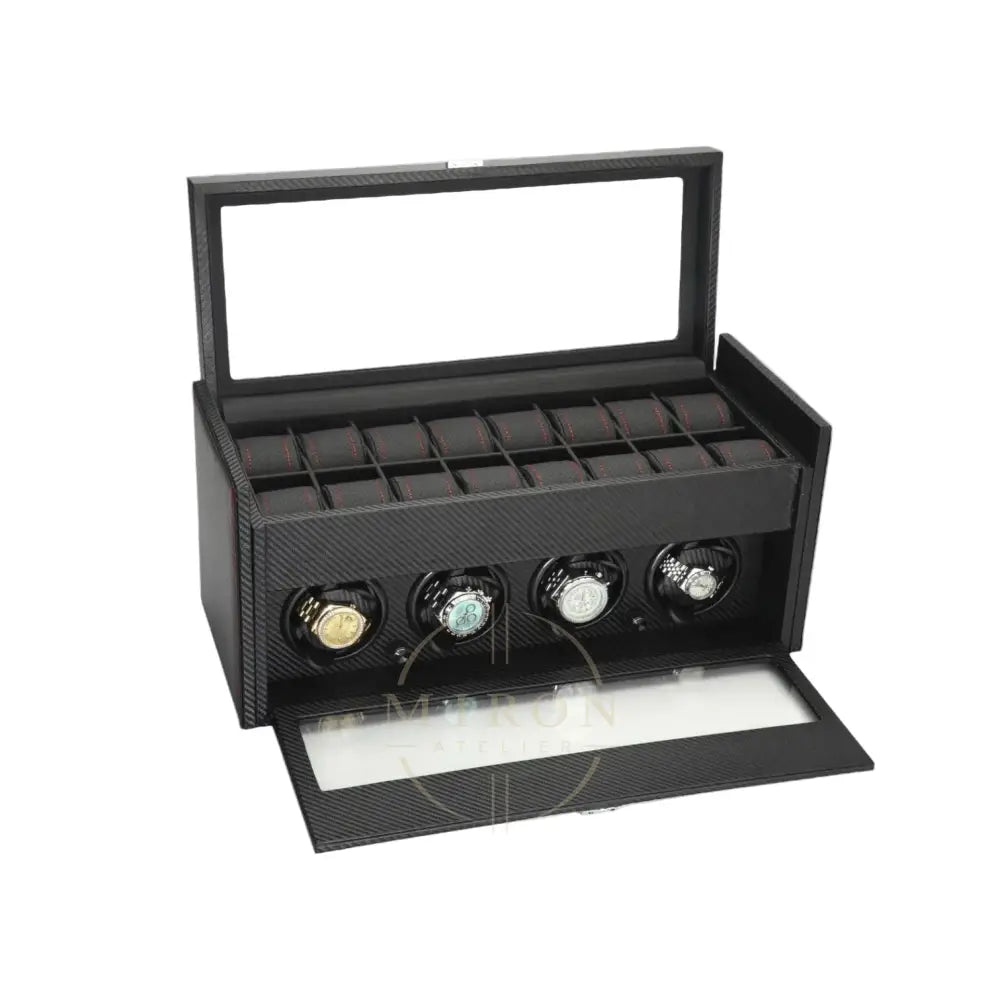 Black watch winder with four rotating watches on a white background