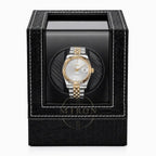 Luxury watch Seiko in a black leather croco watch winder box on a white background