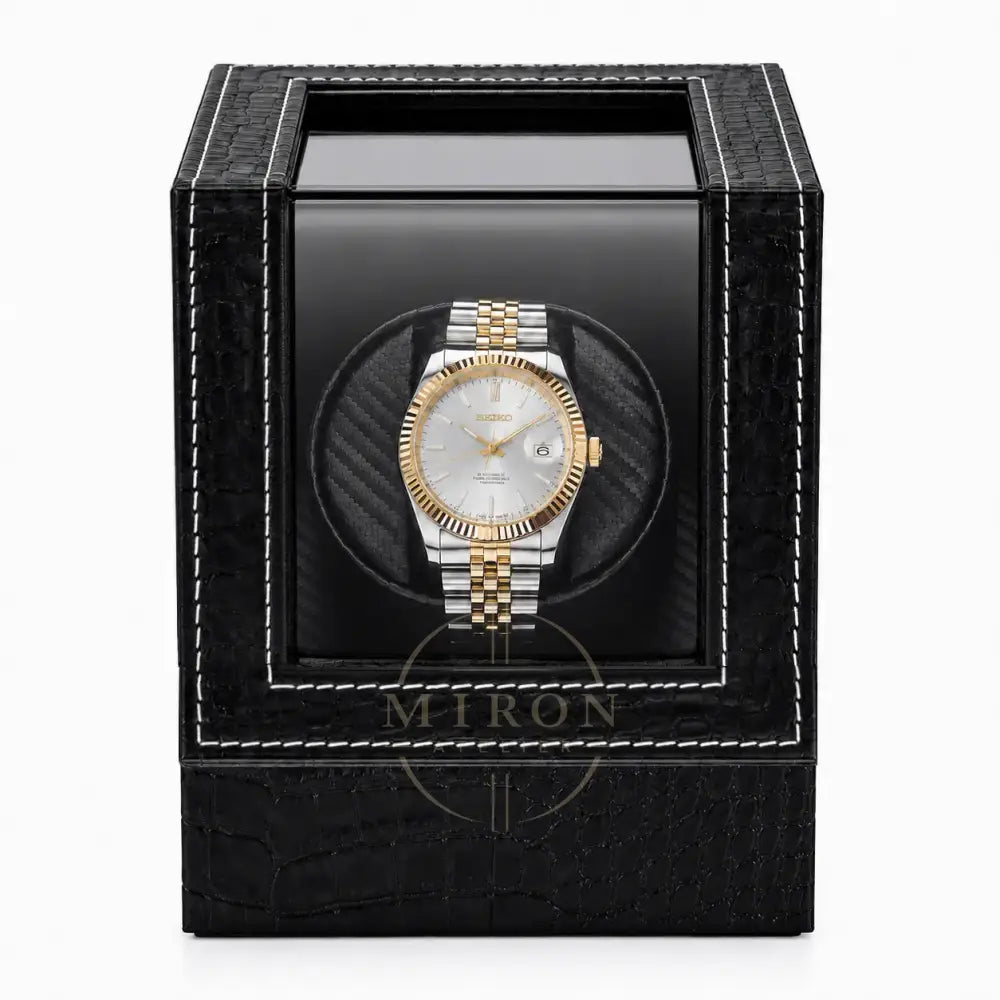 Luxury watch Seiko in a black leather croco watch winder box on a white background