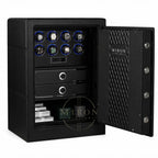 Black watch winder safe with open door displaying jewelry and Miron Atelier branding.