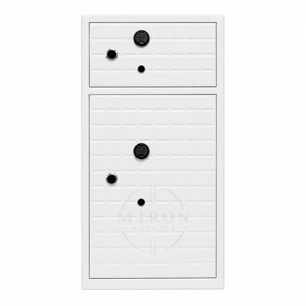 White safe with black circular features on a white background