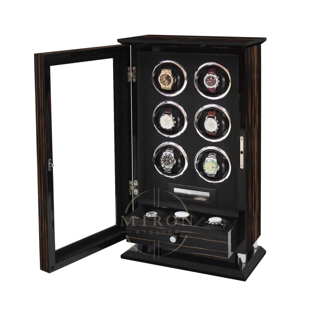 Wooden watch winder with six watches inside on a white background