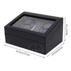 Black watch winder box with window on top, showing two watches inside, with dimensions indicated.
