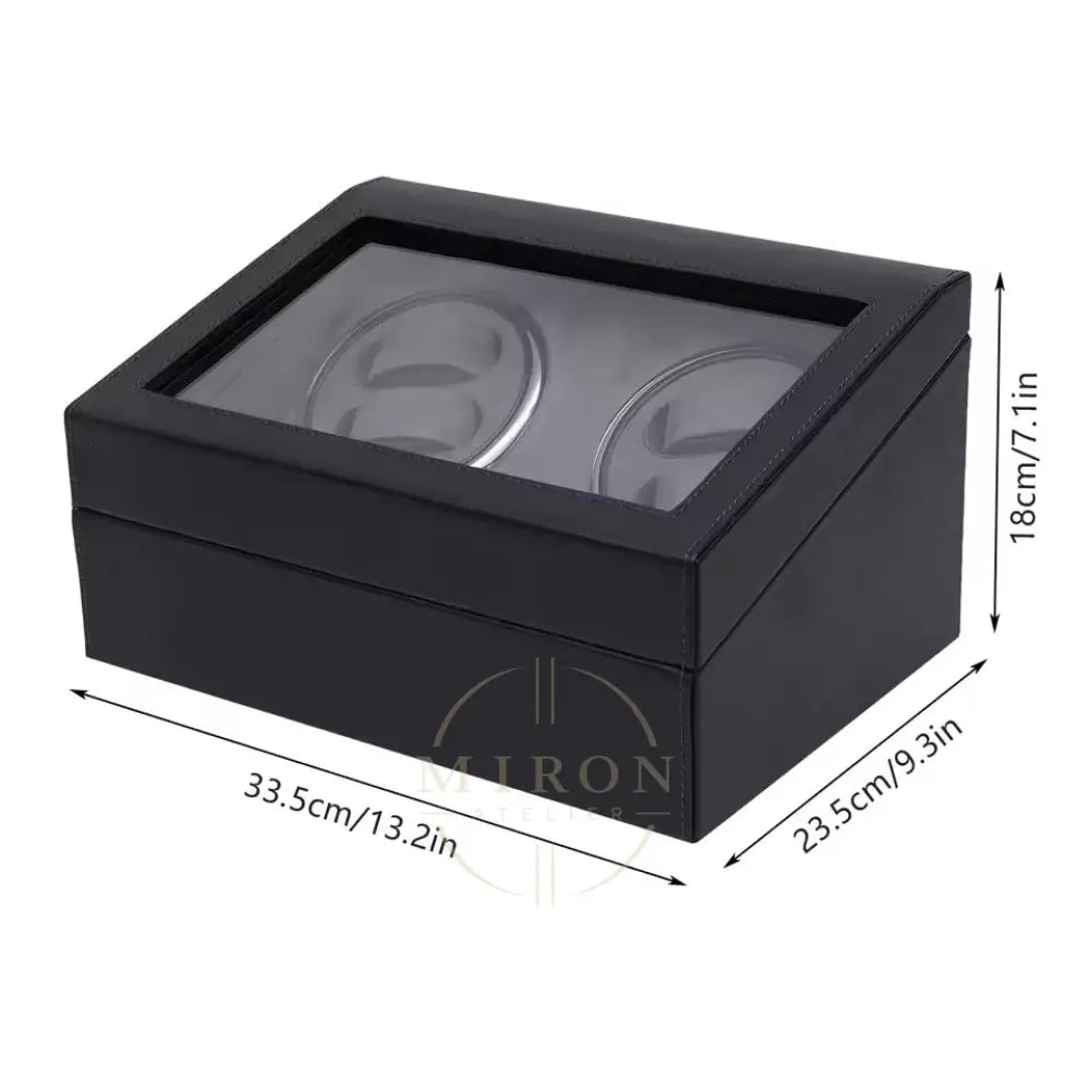 Black watch winder box with window on top, showing two watches inside, with dimensions indicated.